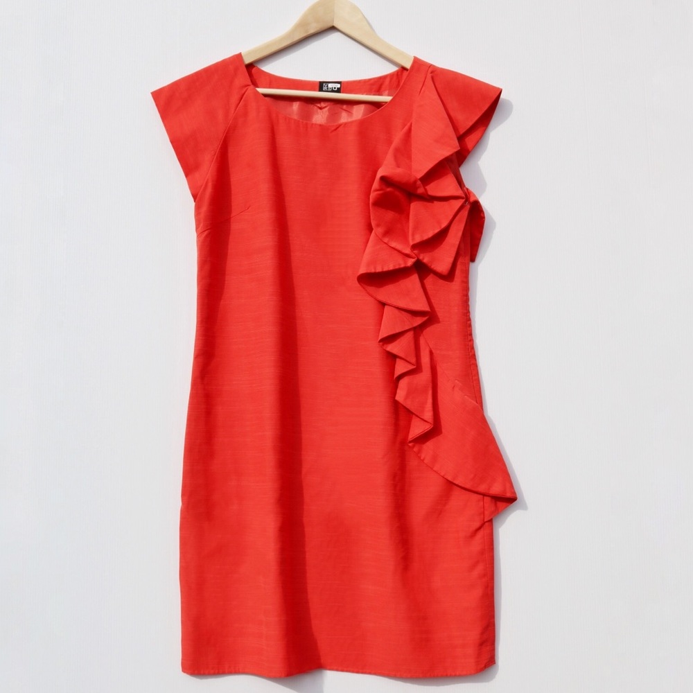 VERY U Orange Ruffle Slimming Summer Dress